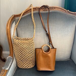 Zara Brown Leather and Tan Woven Women Bag Set